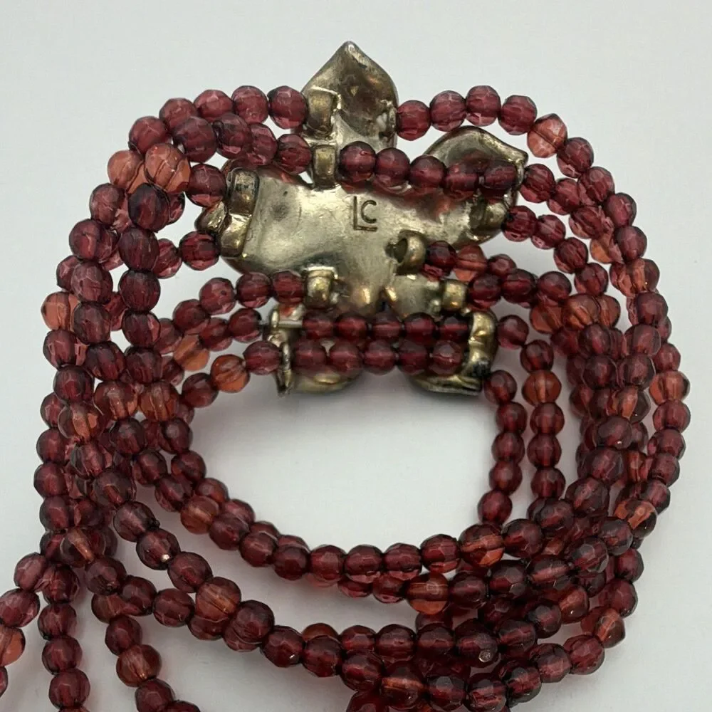 Red Stretch Multistrand Beaded Ball/Bead Bracelet Flower Pavé Crystal Pendant